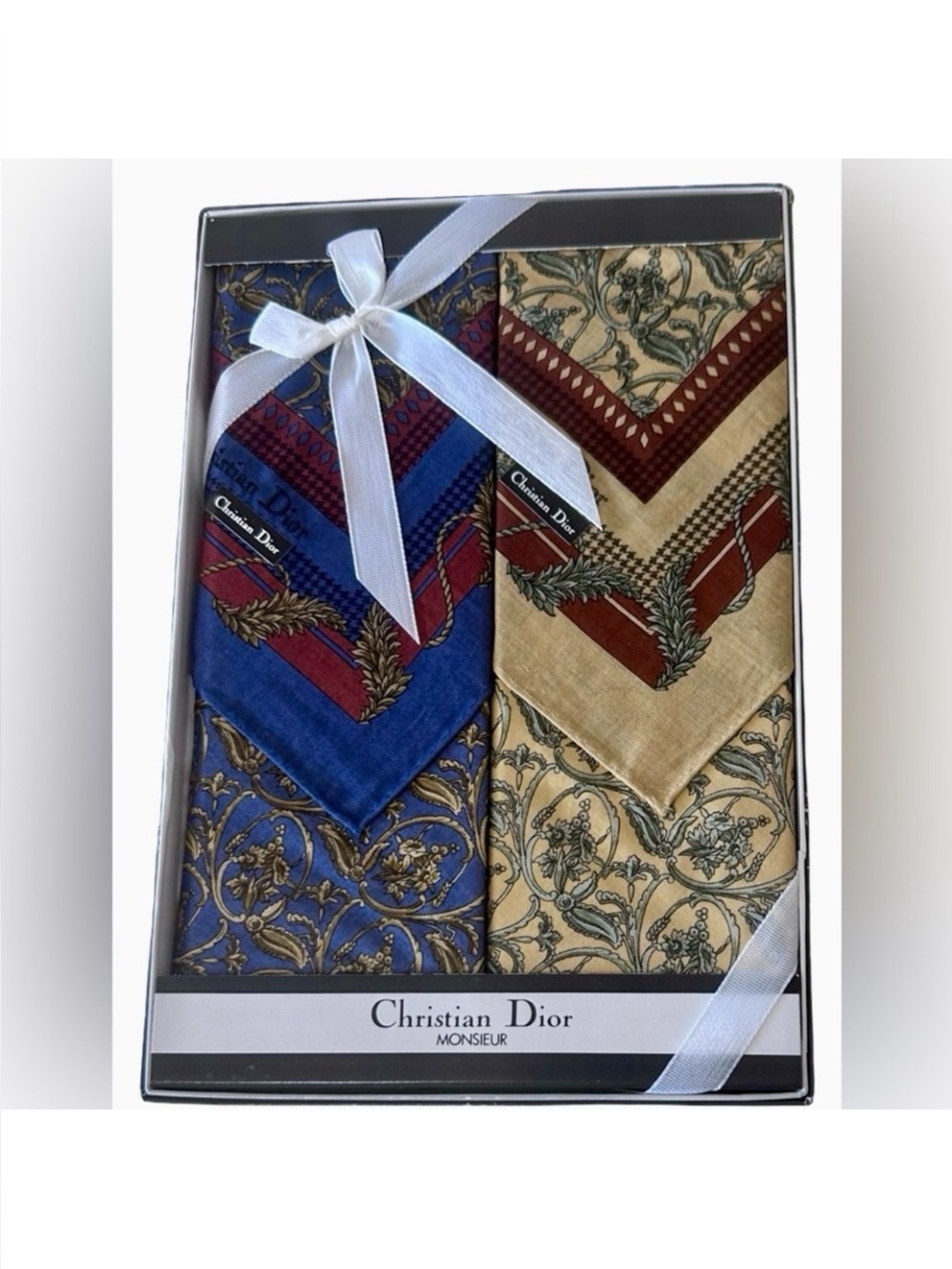 Dior Silk Pocket Squares in Blue & Beige with Gold Motif